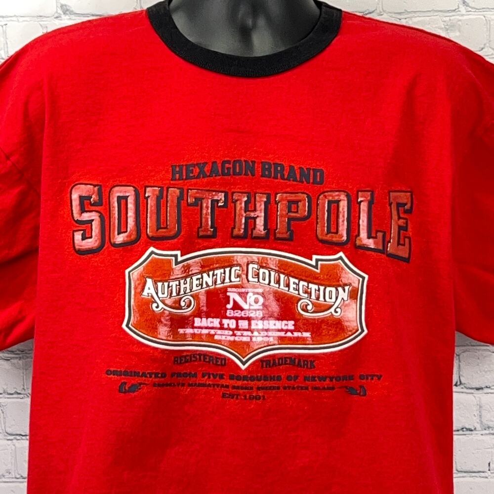 Vintage 90s Y2Ks Southpole Ringer T Shirt Hexagon Brand Short Sleeve Red L Large